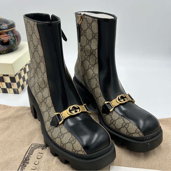 Gucci Black and Brown Heeled Boots - Picture 1 of 9